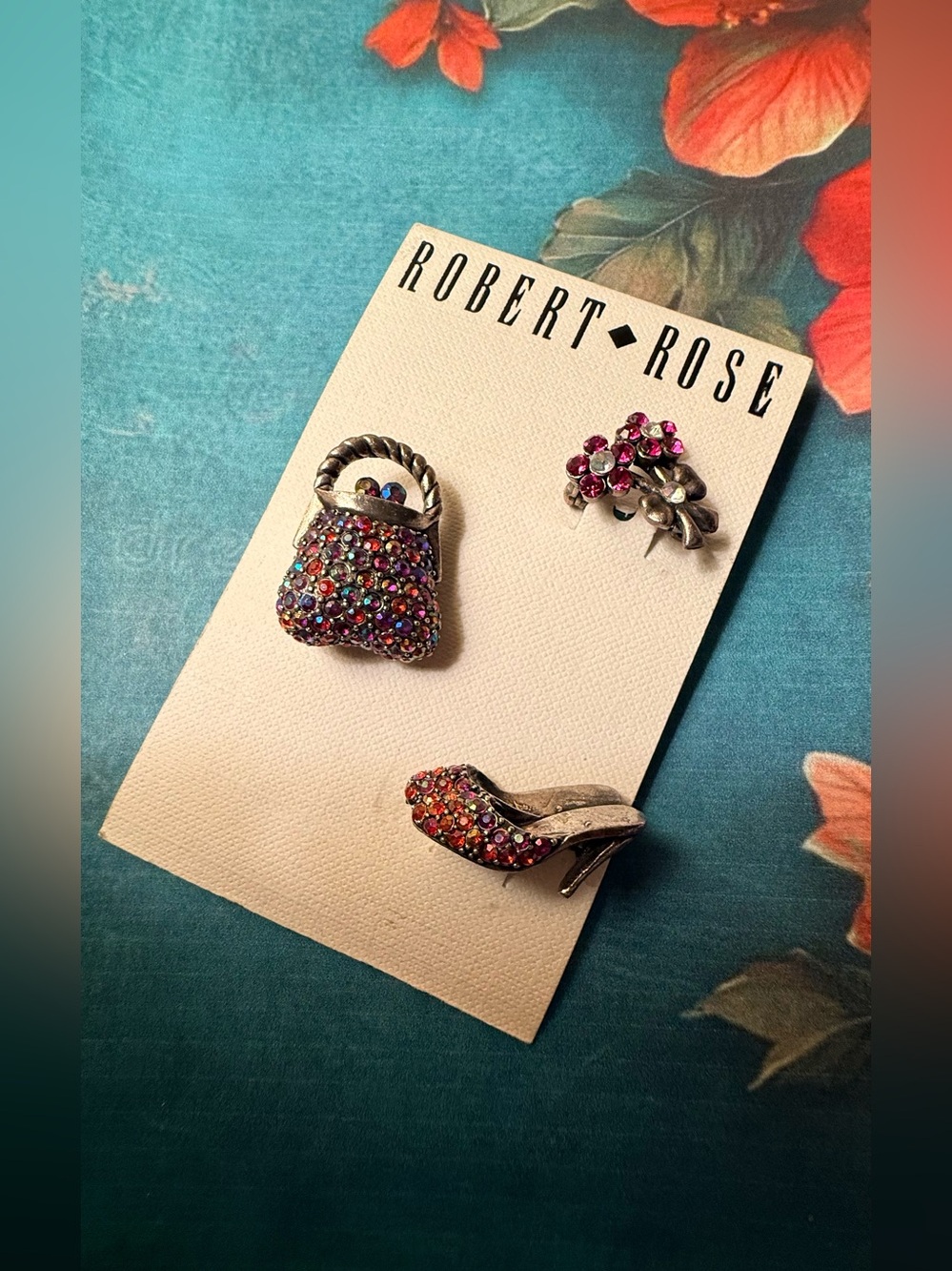 Robert Rose Multicolor Rhinestone Pin Trio - Purse, High Heel & Flower